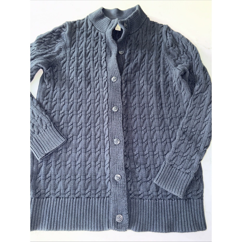 LL Bean Women M Double L Cable Knit Cardigan Sweater Full Zip Navy Blue 298836